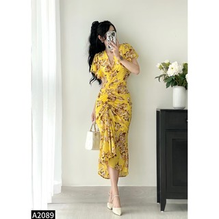 Đầm maxi voan hoa hồng rút eo đuôi cá đi chơi đi biển A2089