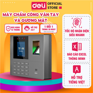 Máy Chấm Công ES161 DELI Quét Vân Tay Và Nhận Dạng Khuôn Mặt Màn Mình LCD Tiếng Việt Báo Cáo Excel