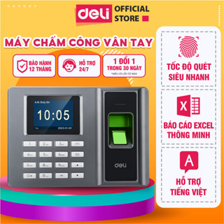 Máy Chấm Công Quét Vân Tay DELI Có Tiếng Việt Màn Hình 2.4 Inch Kết Nối USB Báo Cáo Excel Thông Minh