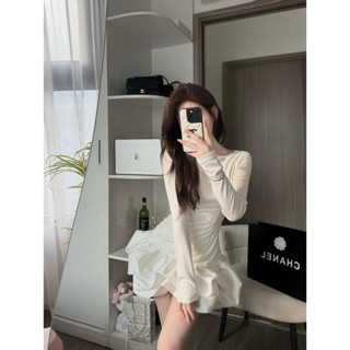Đầm váy nữ dài tay mì nỉ mix chân váy bồng đuôi cá dáng ngắn LANNIE TỰ MAY LẠI, Đầm dài tay trắng nữ  váy nhiều tầng u1