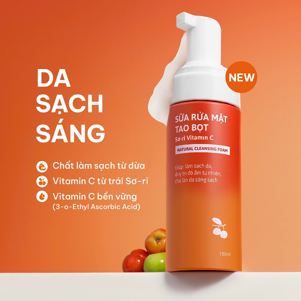 Sữa Rửa Mặt Tạo Bọt Vitamin C Chiết Xuất Sơ Ri Giúp Làm Sạch Da Duy Trì Độ Ẩm Cho Da Sáng Sạch Mịn Màng Cỏ Mềm 150ml