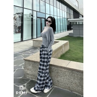 Set đồ thời trang cá tính Áo 2 dây phối khoác dài tay mix quần Kẻ Siu Xinh De114