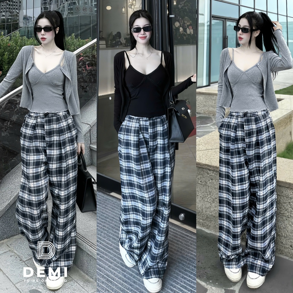 Set đồ thời trang cá tính Áo 2 dây phối khoác dài tay mix quần Kẻ Siu Xinh De114