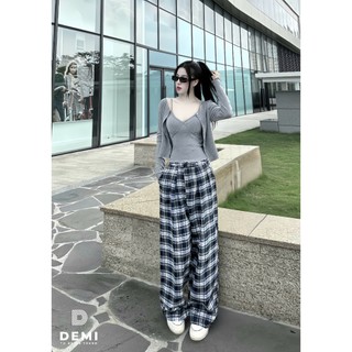 Set đồ thời trang cá tính Áo 2 dây phối khoác dài tay mix quần Kẻ Siu Xinh De114