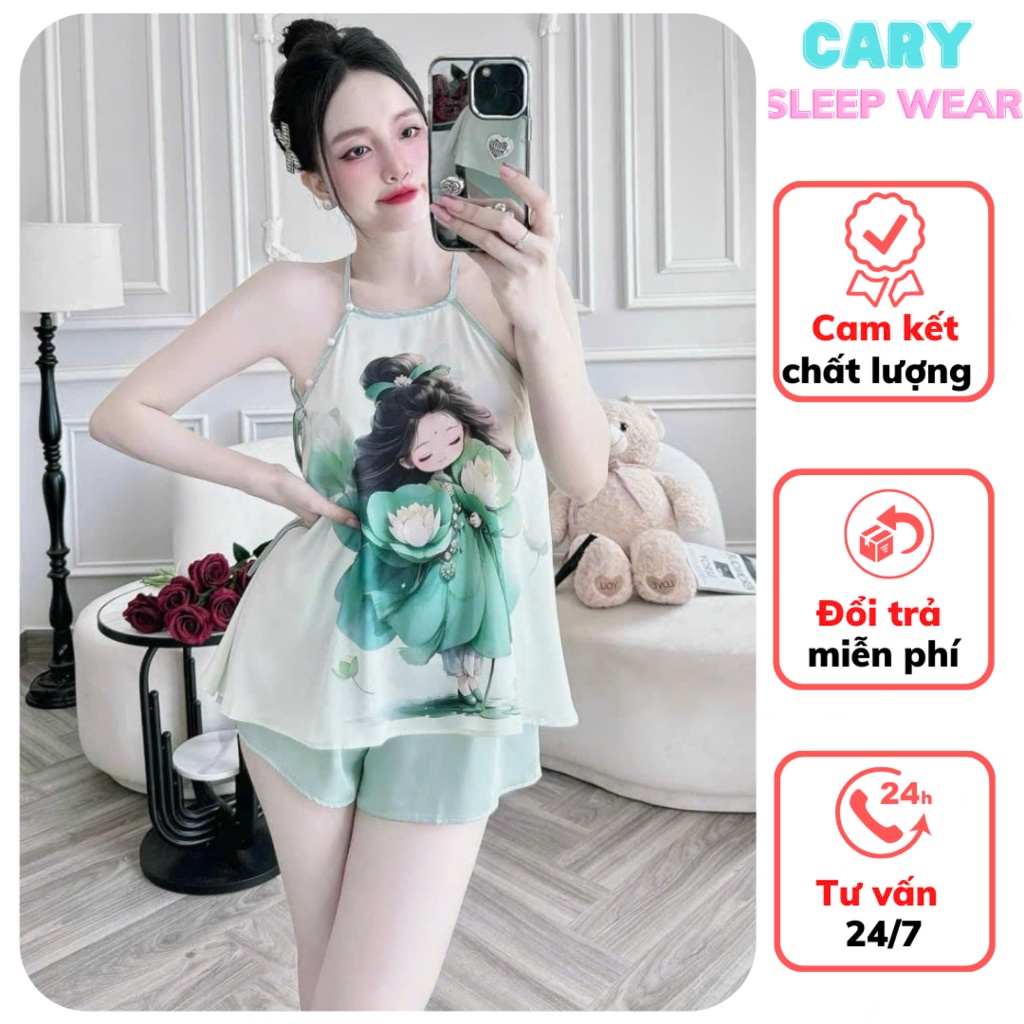 Set bộ ngủ áo yếm nữ 2 dây phi lụa họa tiết in 3D kèm quần đùi nữ mặc nhà mùa hè dễ thương CARY | BigBuy360 - bigbuy360.vn