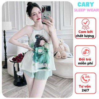 Set bộ ngủ áo yếm nữ 2 dây phi lụa họa tiết in 3D kèm quần đùi nữ mặc nhà mùa hè dễ thương CARY