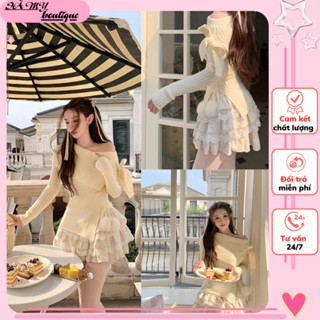  Sét Áo len trễ vai mix với chân váy nhiều tầng thắt nơ ngang vai phong cách tiểu thư sang chảnh G145 