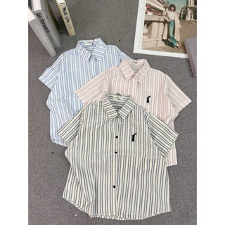 Áo Sơ Mi Nữ Croptop Kẻ Sọc Thêu Ngựa Chất Cotton Mềm Mại Phong Cách Hàn