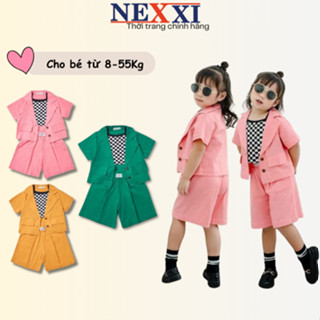 Set Vest Ngắn Tay Bé Gái Kèm Quần Đùi Chất Liệu Linen Mix Áo Thun Caro Nexxi