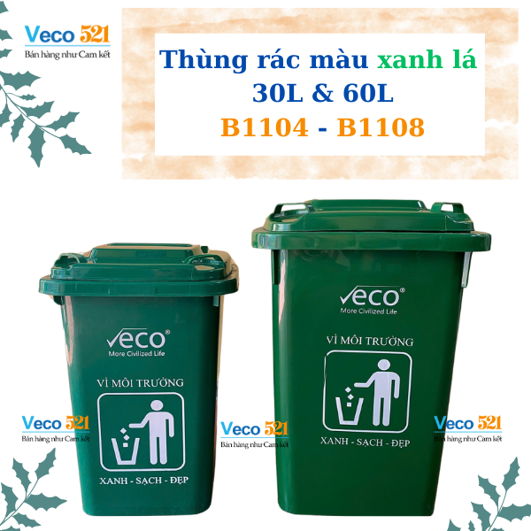 Thùng rác nhựa HDPE màu Xanh lá 30L B1104 và 60L B1108 eco, không bánh xe, nắp kín ngăn mùi tốt.