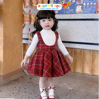  Set váy cho bé dạ đỏ kẻ kèm áo giữ nhiệt dài tay cho bé mùa thu 8-34kg 