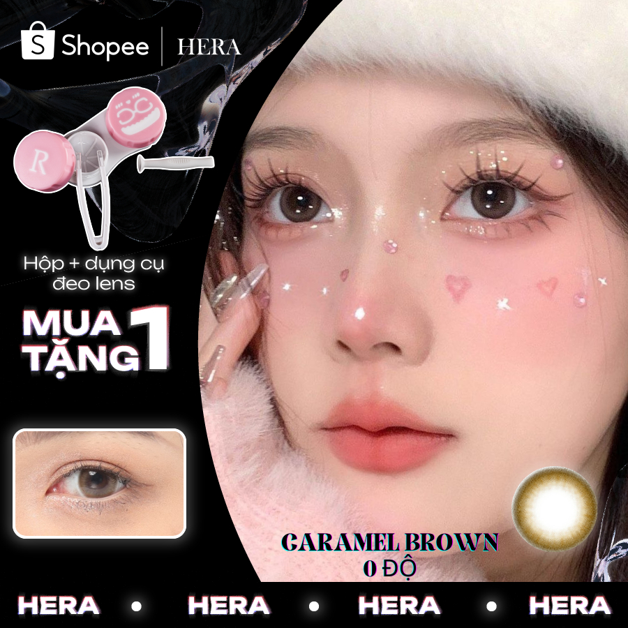 Kính Áp Tròng Hera Nâu Caramel Tự Nhiên Không Độ CARAMEL BROWN Nhập Khẩu Hàn Quốc Lens Không Cận 6 T