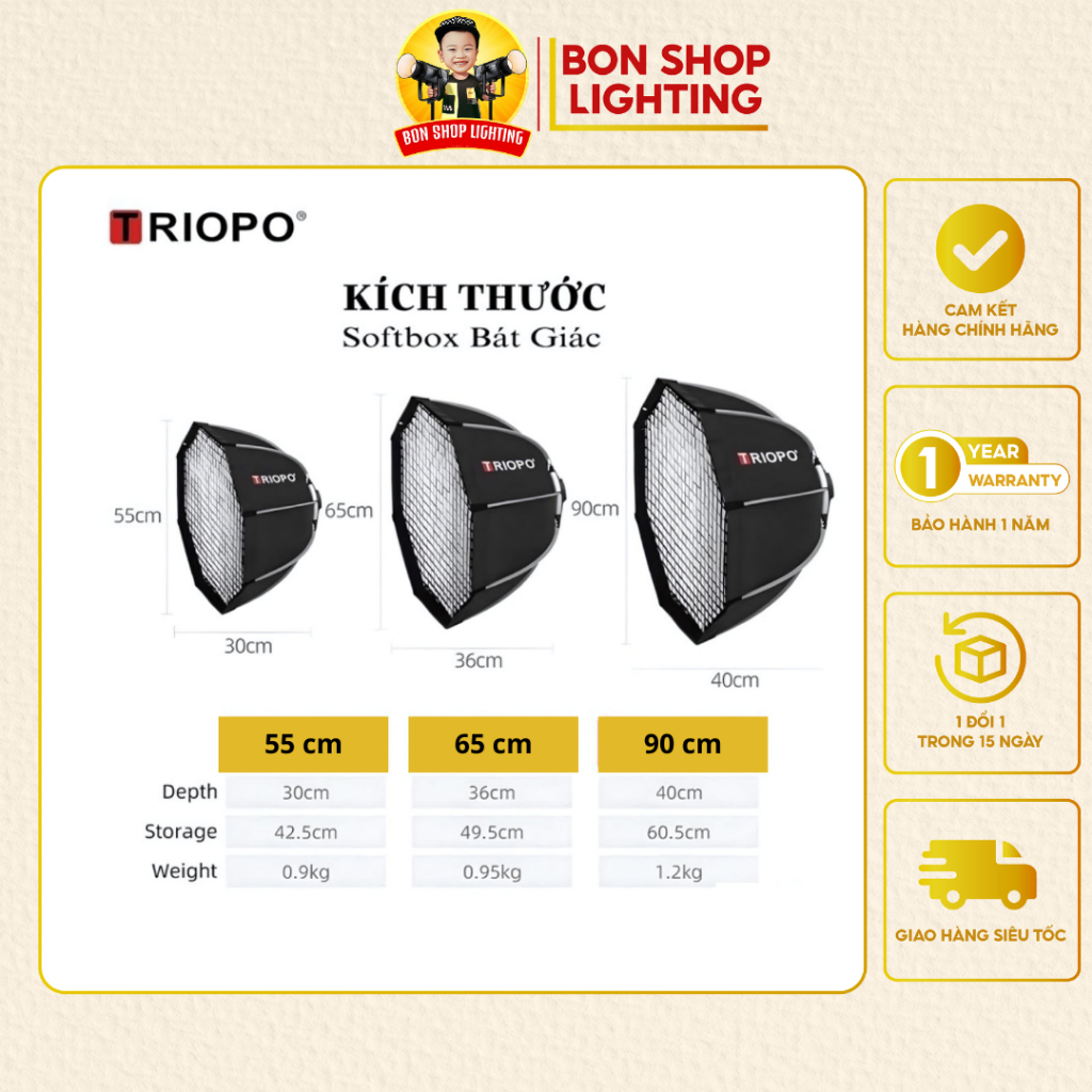 Softbox (Bát Giác) Thao Tác Nhanh TRIOPO K2 55,K2 65, K2 90 Kèm Lưới Tổ Ong Ngàm Bowen