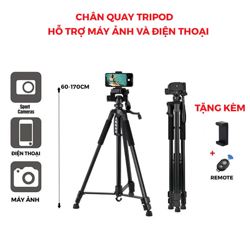 Chân quay máy ảnh điện thoại Tripod 360° - Chân quay hỗ trợ livetream chụp ảnh - Chất liệu hợp kim - Tặng kèm remote