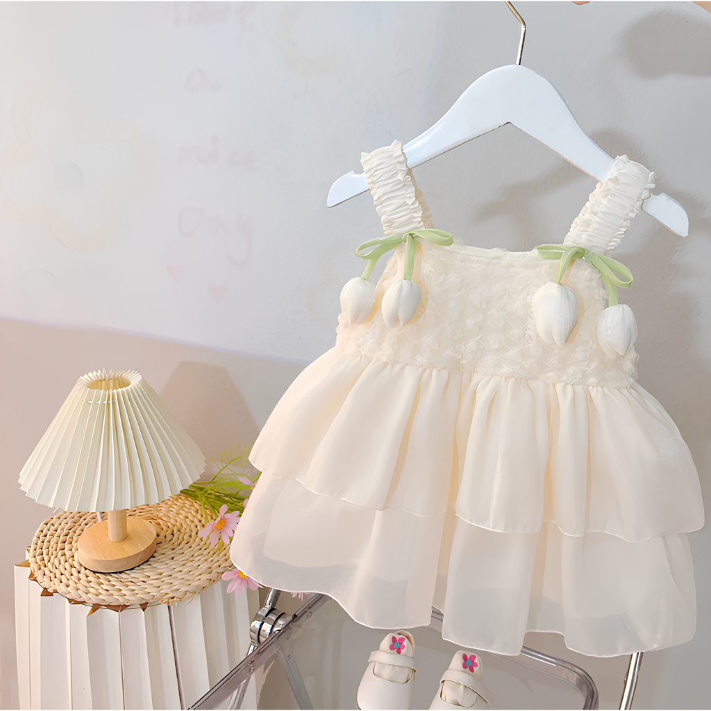 (8-18kg) Đầm tầng bản hai dây đính hoa sen cho bé gái đi tiệc, đi chơi