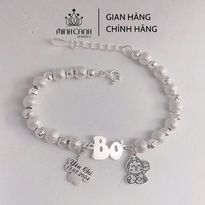 Lắc Bạc Bi Cát Khắc Tên Mix Con Giáp Và Charm Cỏ 4 Lá Cho Bé - Minh Canh Jewelry
