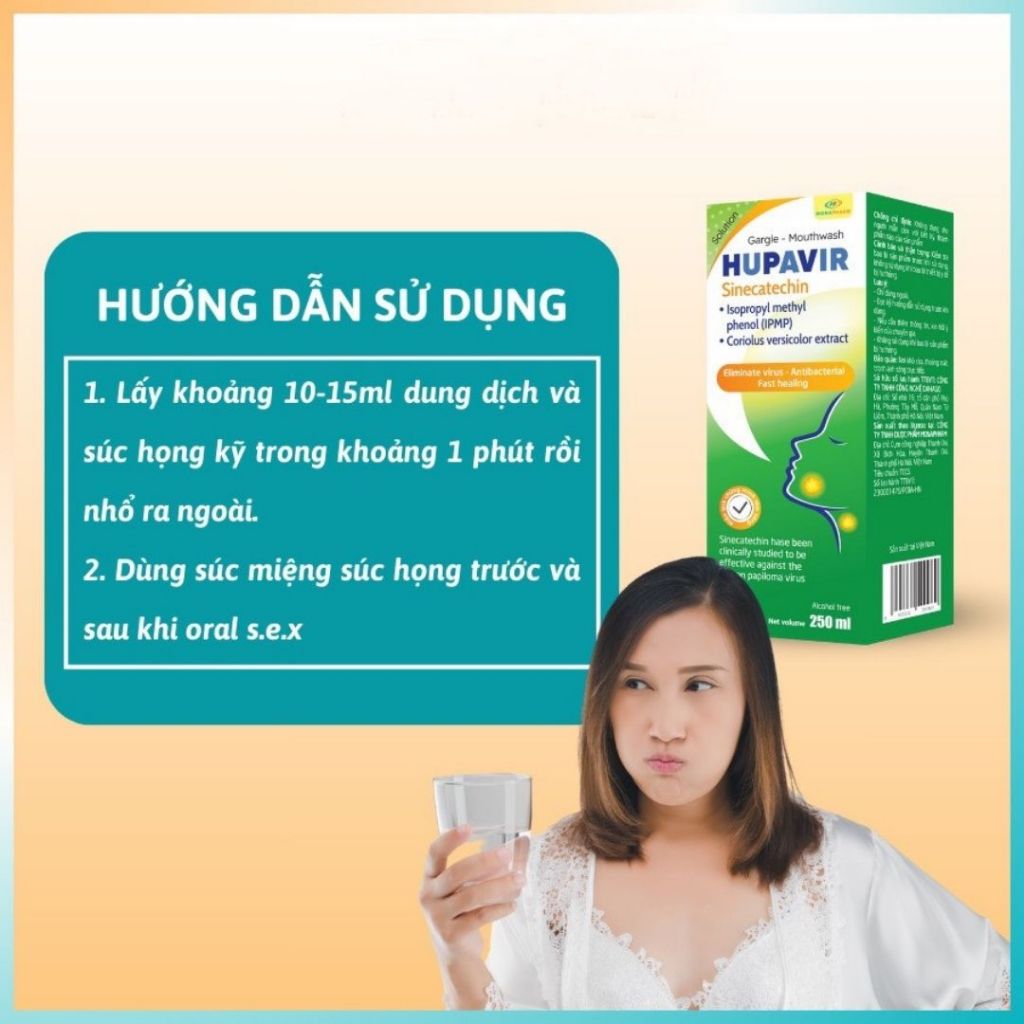 Nước súc miệng súc họng Hupavir Giảm sùi, ngăn ngừa và hỗ trợ đào thải HPV Sùi Mào Gà (che tên)