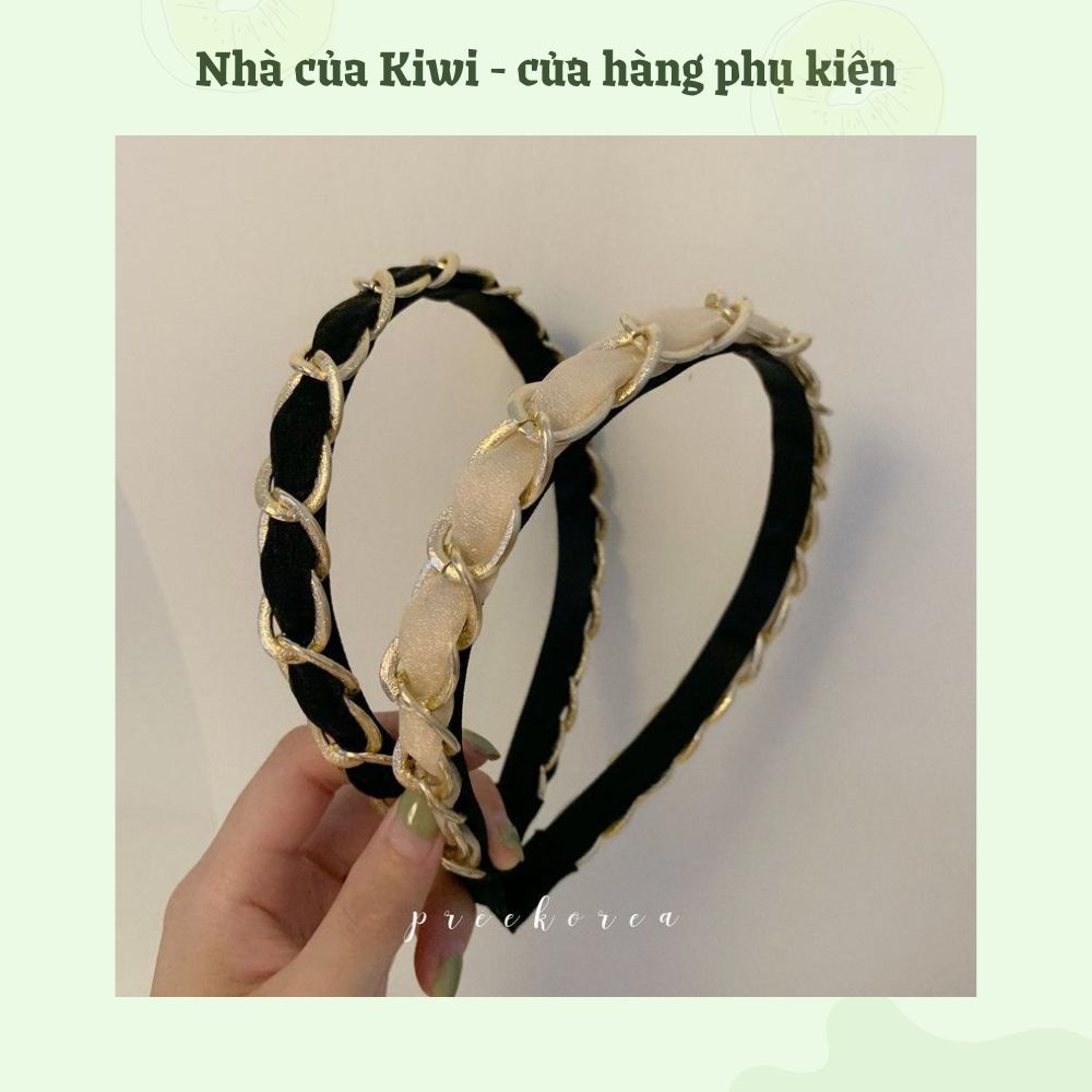 Băng đô cài tóc mắt xích vàng đan vải