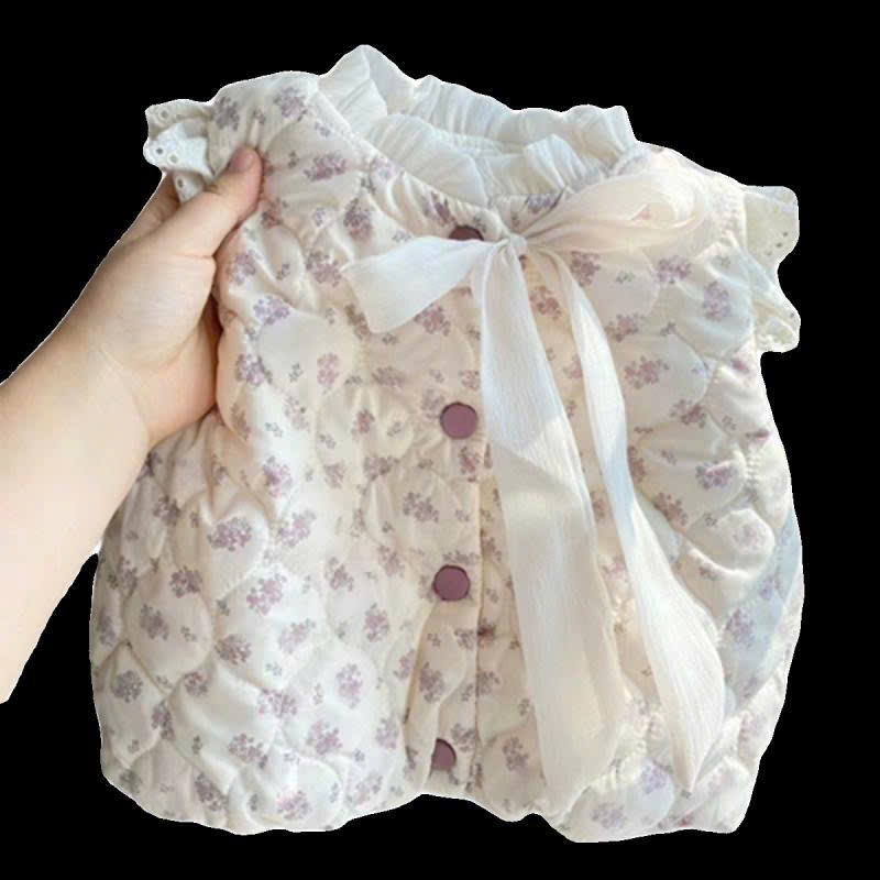 Baby kids áo khoác gile phao họa tiết nhí xinh xắn có nơ bánh bèo cho bé gái đáng yêu hàng QC cao câp
