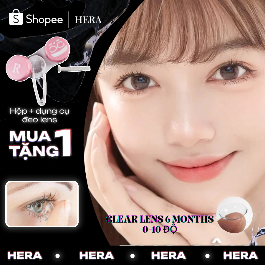 Lens Cận Trong Suốt 1 - 10 Độ Hera Lens Kính Áp Tròng Có Độ Hàn Quốc Dùng 6 Tháng Tặng Khay Lens