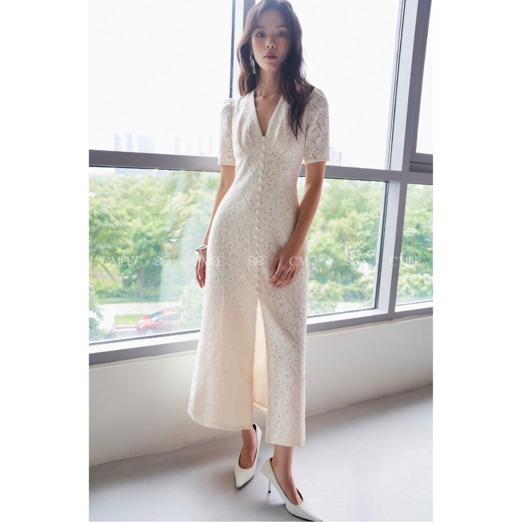[C'MEE] ĐẦM REN NÚT CỔ V LACE AELITA DRESS