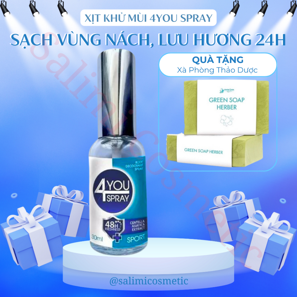 [TẶNG XÀ BÔNG] Xịt Ngăn Mùi Toàn Thân 4YOU SPRAY 30ml, Khử Mùi Hôi Nách, Hôi Chân, Không Gây Ố Vàng