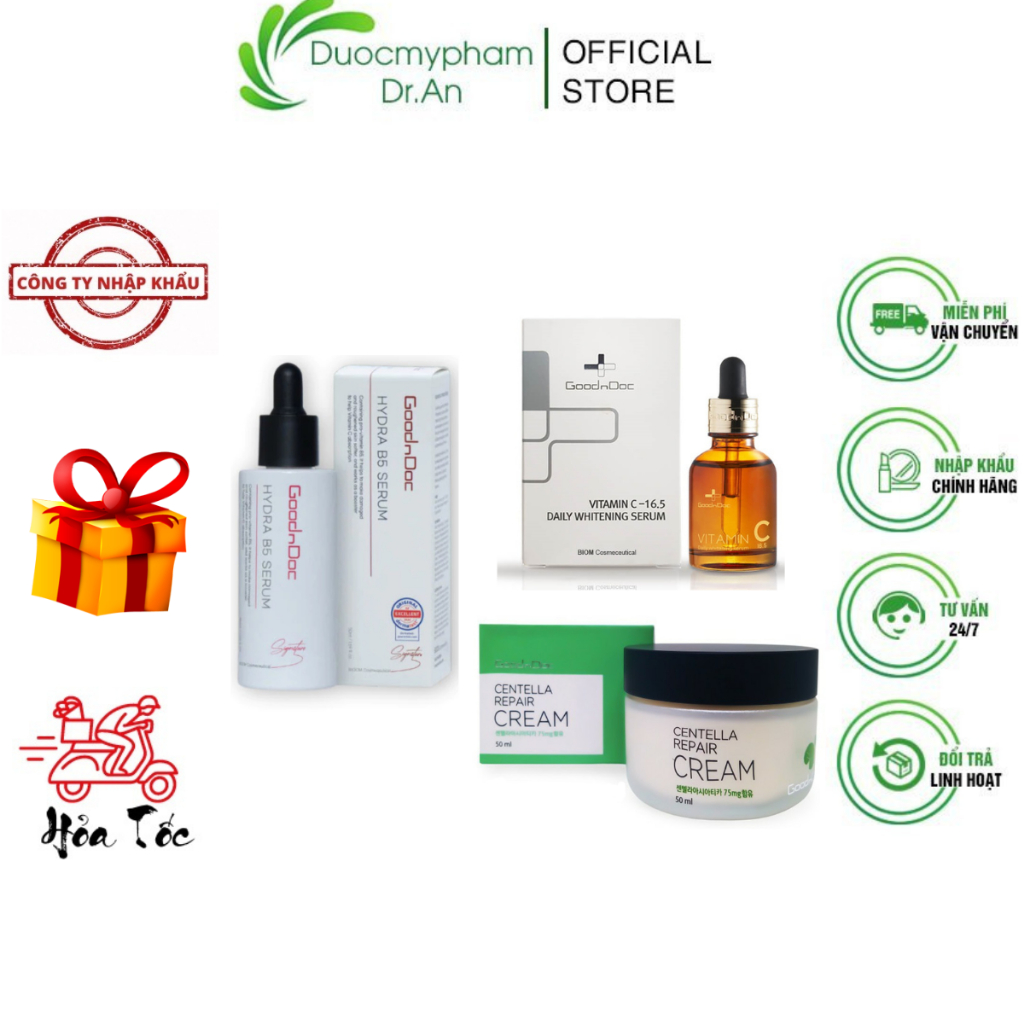 Kem Rau Má GoodnDoc Centella Repair Cream, Serum GoodnDoc Hydra B5, Vitamin C Phục Hồi Dưỡng Cấp Ẩm Da Chống Lão Hóa