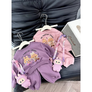 set bộ cho bé chất nỉ dầy dặn_ Bộ Nỉ thu đông cho bé gái kèm túi đeo labubu
