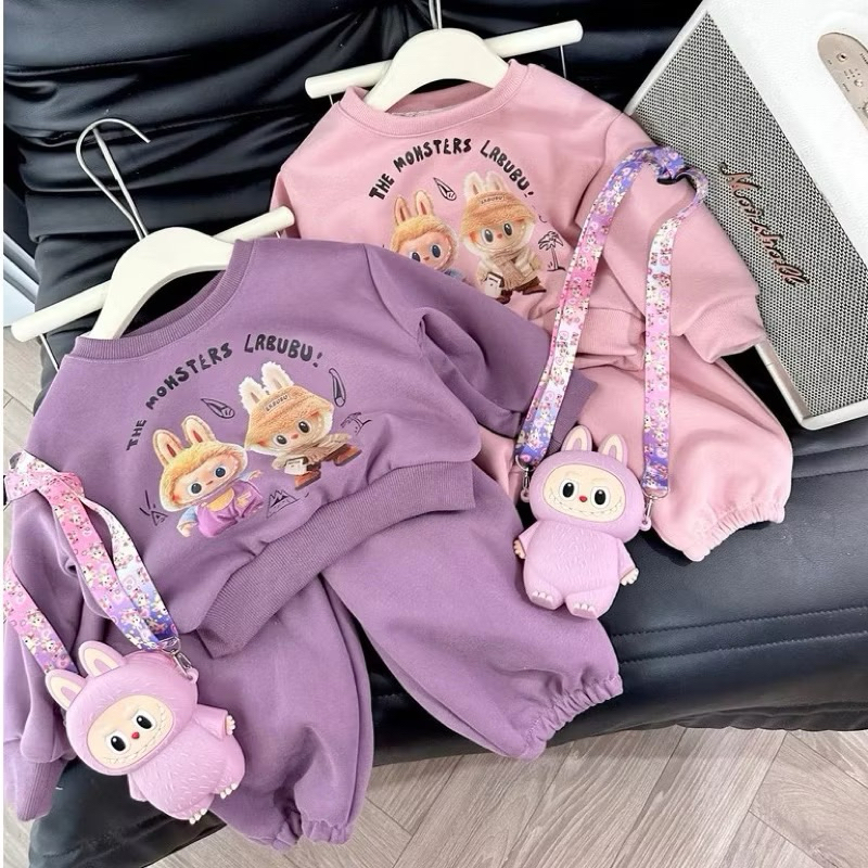 set bộ cho bé chất nỉ dầy dặn_ Bộ Nỉ thu đông cho bé gái kèm túi đeo labubu