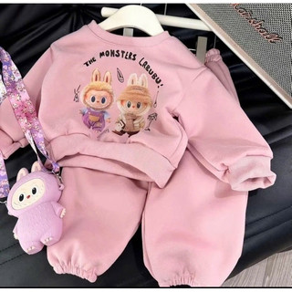 set bộ cho bé chất nỉ dầy dặn_ Bộ Nỉ thu đông cho bé gái kèm túi đeo labubu