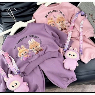 set bộ cho bé chất nỉ dầy dặn_ Bộ Nỉ thu đông cho bé gái kèm túi đeo labubu