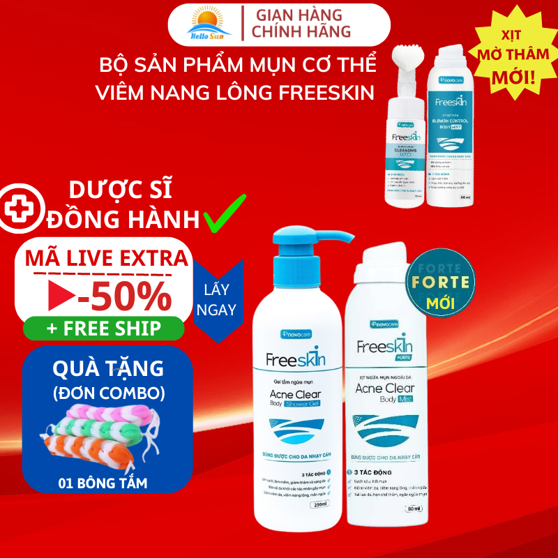 Xịt và Sữa Tắm 2% BHA Freeskin Chuyên Mụn Lưng Viêm Nang Lông, Mờ Thâm Mụn Sạch Sâu Sáng Da Shop Hel
