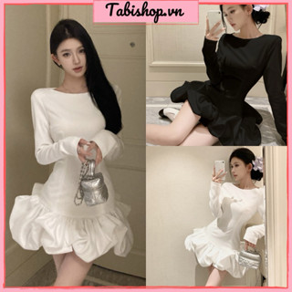 Đầm body dài tay phối tùng xoè bồng TABISHOP Váy dự tiệc trắng đen mặc thu đông siêu sang(31)