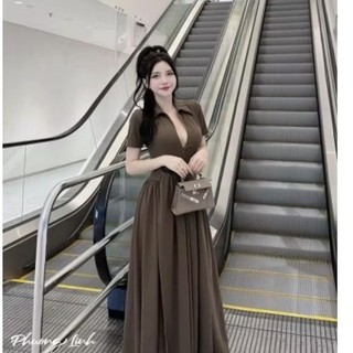 ĐẦM MAXI THUN TĂM CỔ V TAY NGẮN BUỘC NƠ EO SANG CHẢNH HANG LEONA