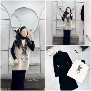  Set váy bầu Thỏ Gile 2 Món Váy Len Cổ Lọ Mix Áo Gile Chất Nỉ Pe Dầy Dặn 