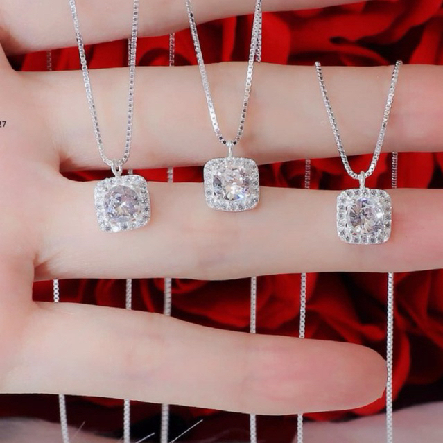 Dây chuyền nữ, bạc 925, dây chuyền kết hợp mặt đá vuông ngũ sắc, phụ hợp các bạn nữ