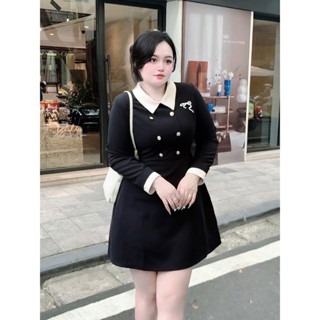 Váy thiết kế cổ sơ mi tay dài phối viền be đính cúc đồng thêu nơ bigsize mã V97