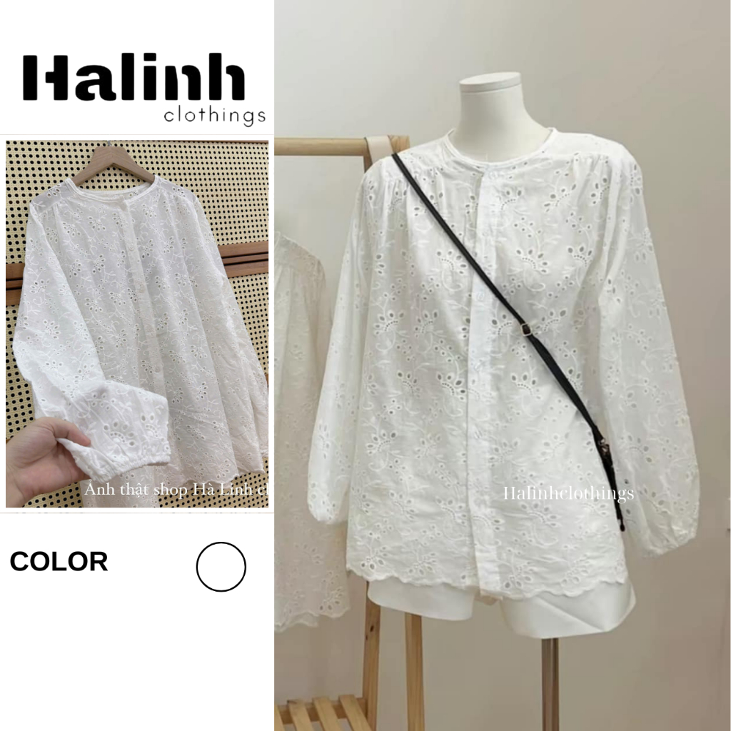 Áo sơ mi nữ dài tay chất vải thô boi ren lỗ hoa Halinh- M234