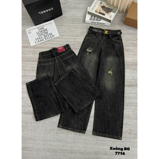 [BIGSIZE 85kg] 7713 Quần Jean Nữ Cạp Cao Ống Suông To Thoái Mái Rách Tạo Kiểu, quần bò nữ ống rộng