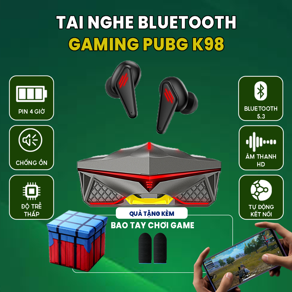 Tai nghe bluetooth gaming K98 tai nghe chơi game pubg,ff không dây pin trâu có mic độ trễ cực thấp