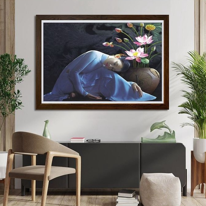 Tranh đính đá cô gái bên bình hoa sen DF2934 (80 x 60 cm)