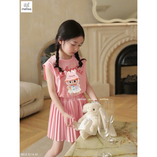 Set áo tay chờm vai in hình Labubu màu hồng mix chân váy dập ly siêu xinh cho bé gái size từ 13-45 cân