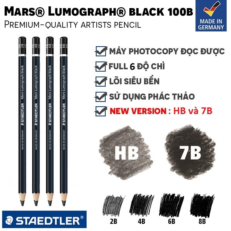 Bút Chì Đức Phác Thảo Bút Chì Than Đen STAEDTLER Mars® Lumograph® Black 100B Có sẵn độ đậm từ HB đến