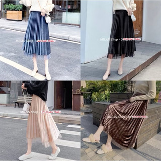 Chân váy nhung xếp ly mặc được 2 mặt