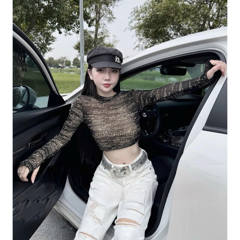 Áo Thun Lưới Cổ Tròn CROP Hai Lớp Chữ -Họa Tiết Hót Trend CÁ TÍNH SIÊU ĐẸP