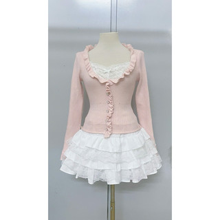 Set Coquette Áo Len Dài Tay Viền Bèo Và Chân Váy Trắng  ib gửi mẫu sẵn  