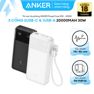 Pin Sạc Dự Phòng ANKER 20.000mAh 30W - 3 cổng (2USB-C & 1USB-A) - kèm cáp Type C hỗ trợ sạc nhanh - A1384