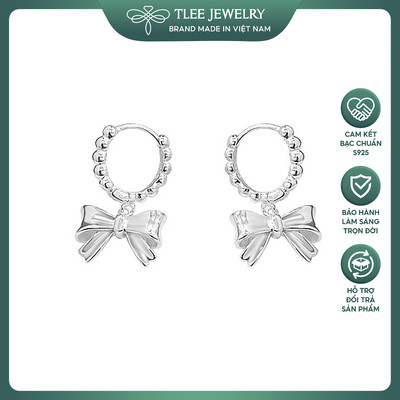 Khuyên tai bạc nữ TLEE tròn trơn viền hạt treo nơ bóng TLEE JEWELRY B0519