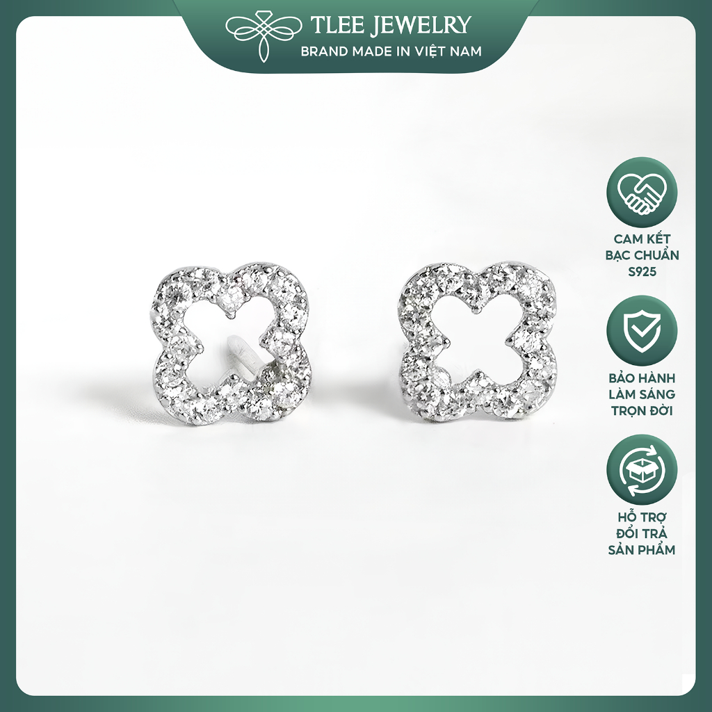 Khuyên tai bạc nữ TLEE cỏ bốn lá viền đính đá nữ tính TLEE JEWELRY B0527