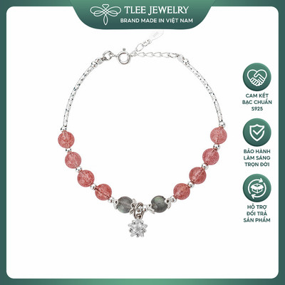 Lắc tay bạc nữ TLEE đá thạch anh dâu hồng và hắc nguyệt quang tự nhiên treo charm sao mix ống bạc TLEE JEWELRY LT0329